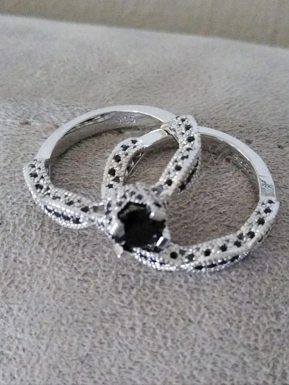 10k White Gold Over Silver 2 PC Onyx Solitaire W/Accents Eternity Ring Set Sz 10